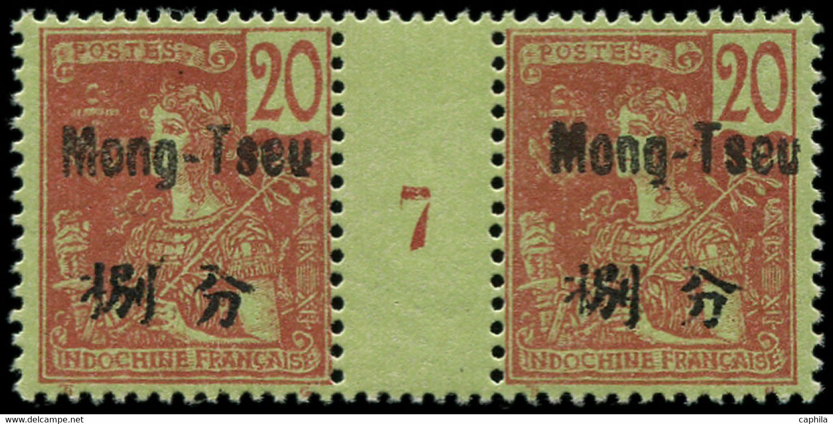 * MONG-TZEU - Poste - 23, Paire Millésime "7", Gomme Coloniale: 20c. Brique S. Vert (Maury) - Unused Stamps