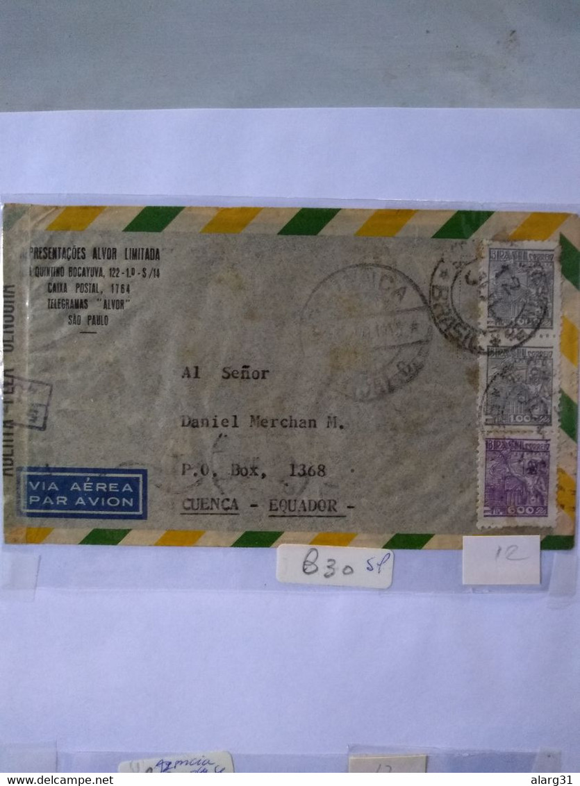 Brasil 2 Covers Airmail 1944 Censored Sao Paulo Rare Destination  Cuenca Ecuador - Cartas & Documentos