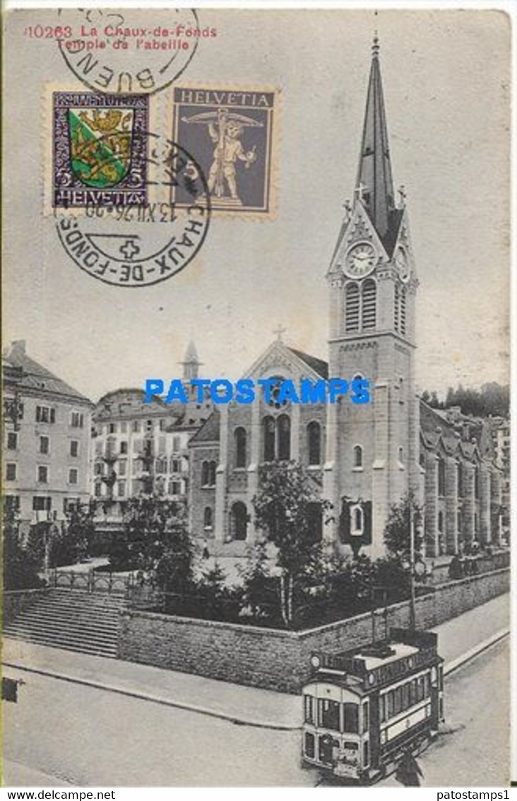 153755 SWITZERLAND LA CHAUX DE FENDS TEMPLE L'ABEILLE & TRAMWAY CIRCULATED TO ARGENTINA POSTAL POSTCARD - La Chaux