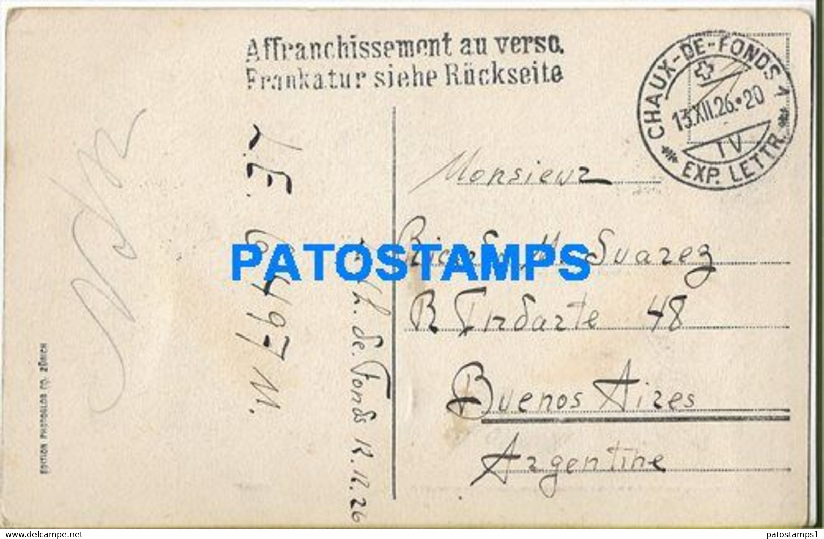 153755 SWITZERLAND LA CHAUX DE FENDS TEMPLE L'ABEILLE & TRAMWAY CIRCULATED TO ARGENTINA POSTAL POSTCARD - La Chaux