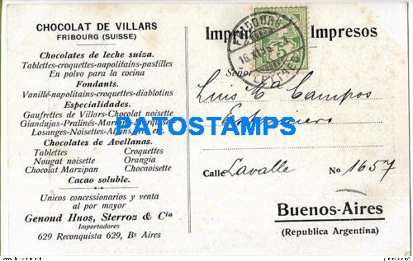 153761 SWITZERLAND FRIBOURG PUBLICITY CHOCOLAT DE VILLARS CIRCULATED TO ARGENTINA POSTAL POSTCARD - Villars-les-Moines