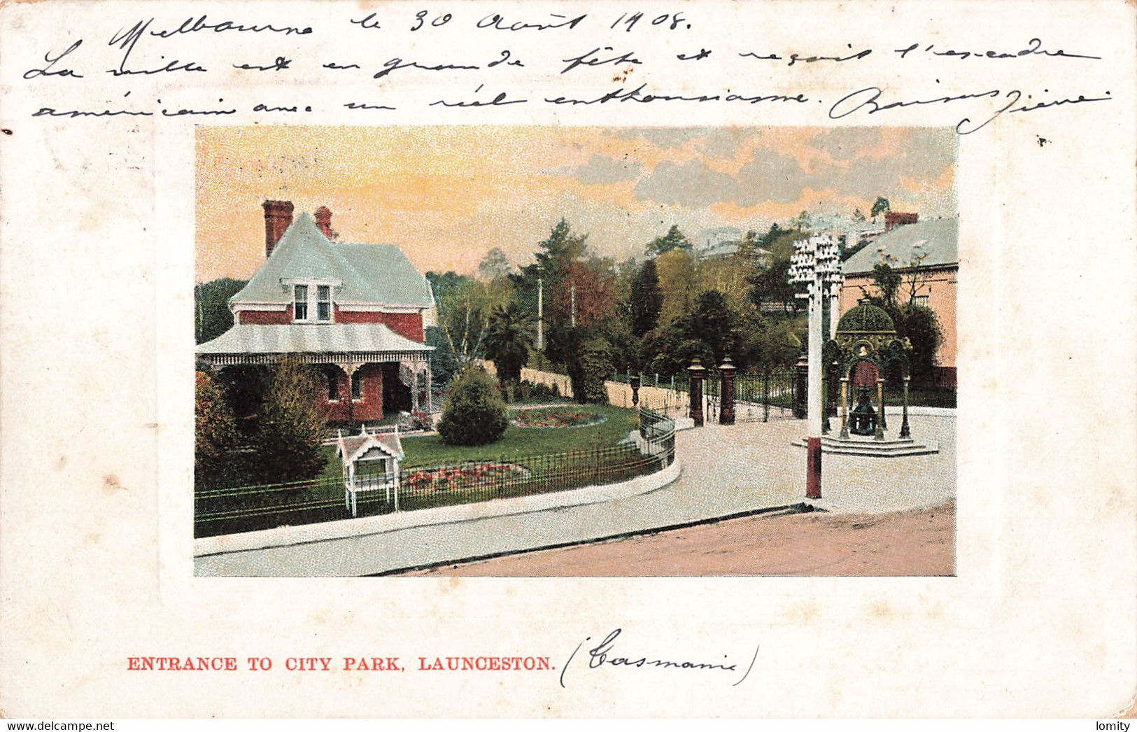 Australie Launceston Entrance To City Park Cpa Carte Ancienne + Timbre 2 Timbres Cachet 1908 Victoria Half Penny - Lauceston