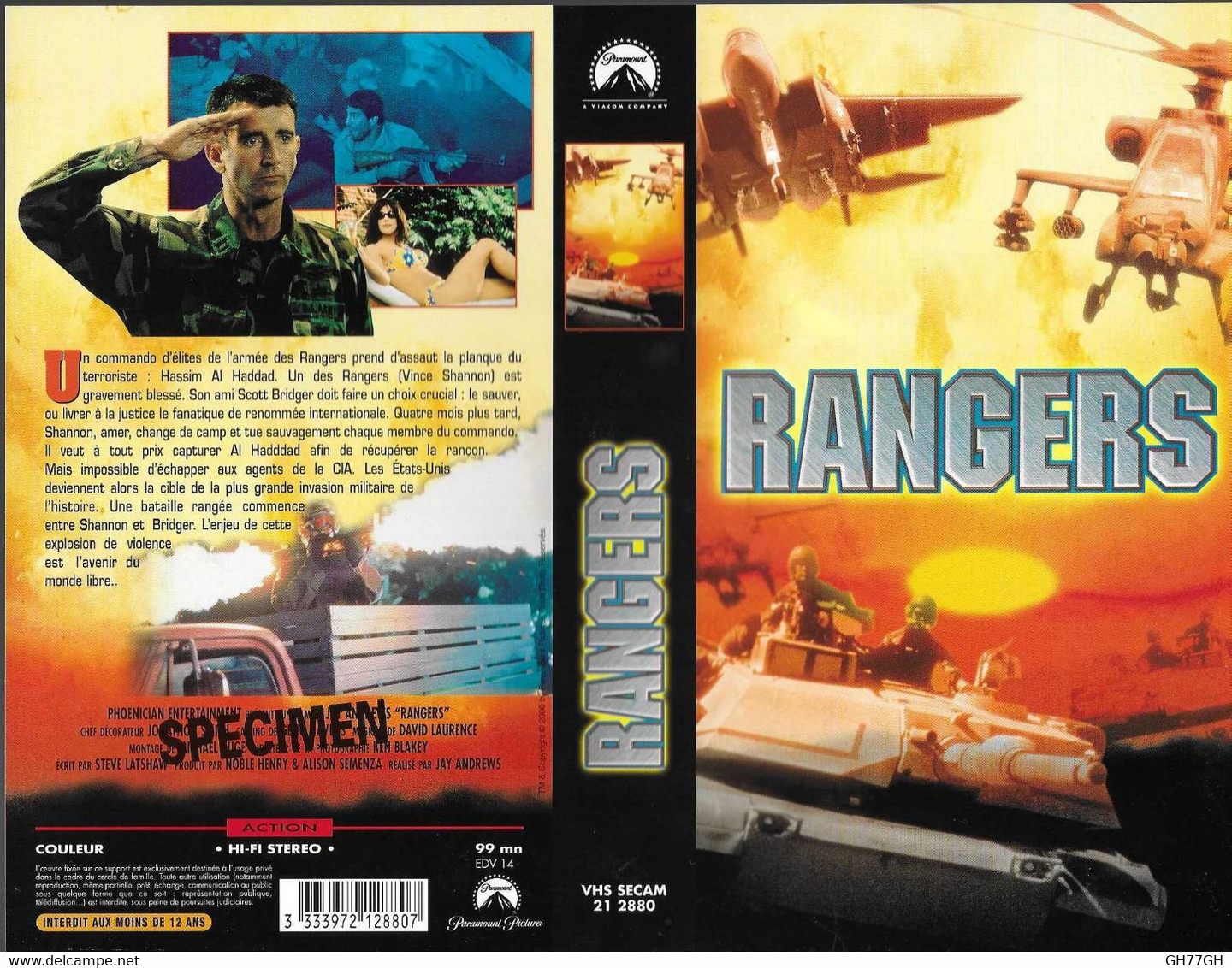 "RANGERS" -jaquette SPECIMEN Originale PARAMOUNT VHS SECAM - Fantascienza E Fanstasy