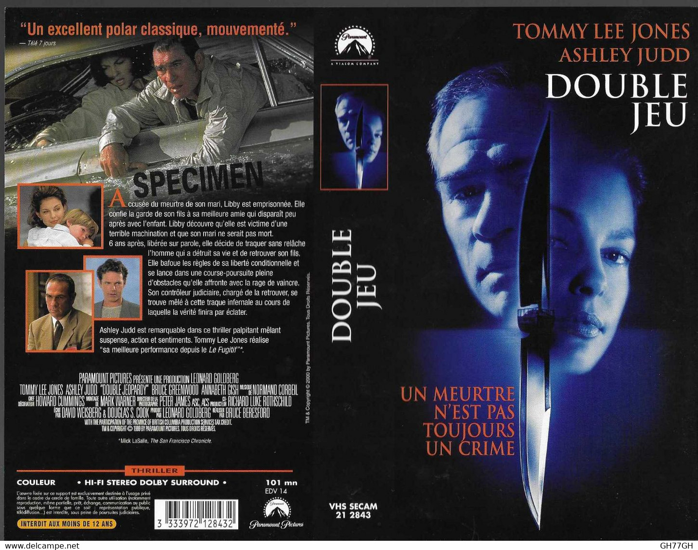 "DOUBLE JEU" -jaquette SPECIMEN Originale PARAMOUNT VHS SECAM -double Jeopardy - Action, Aventure