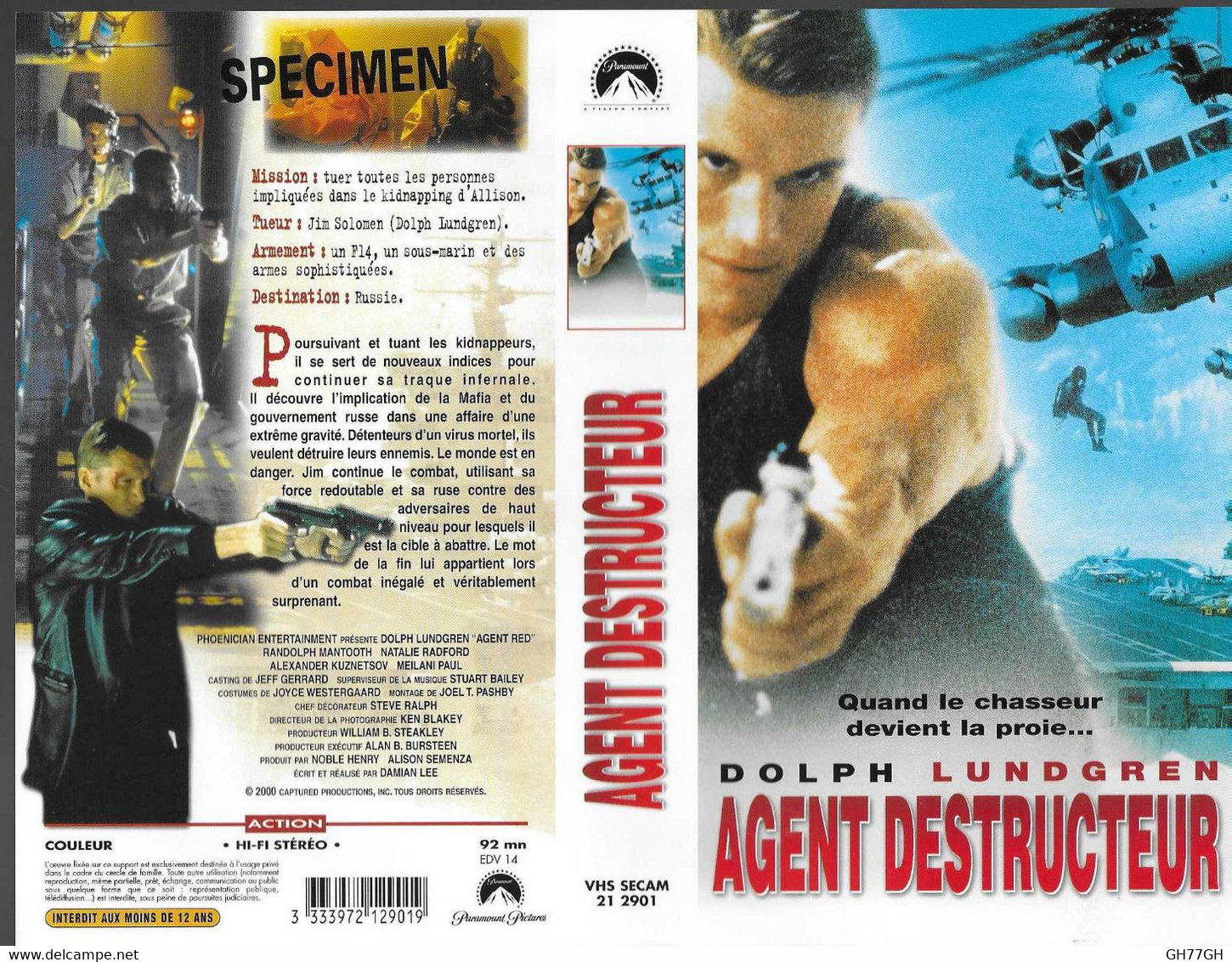 "AGENT DESTRUCTEUR" -jaquette SPECIMEN Originale PARAMOUNT VHS SECAM -agent Red - Azione, Avventura