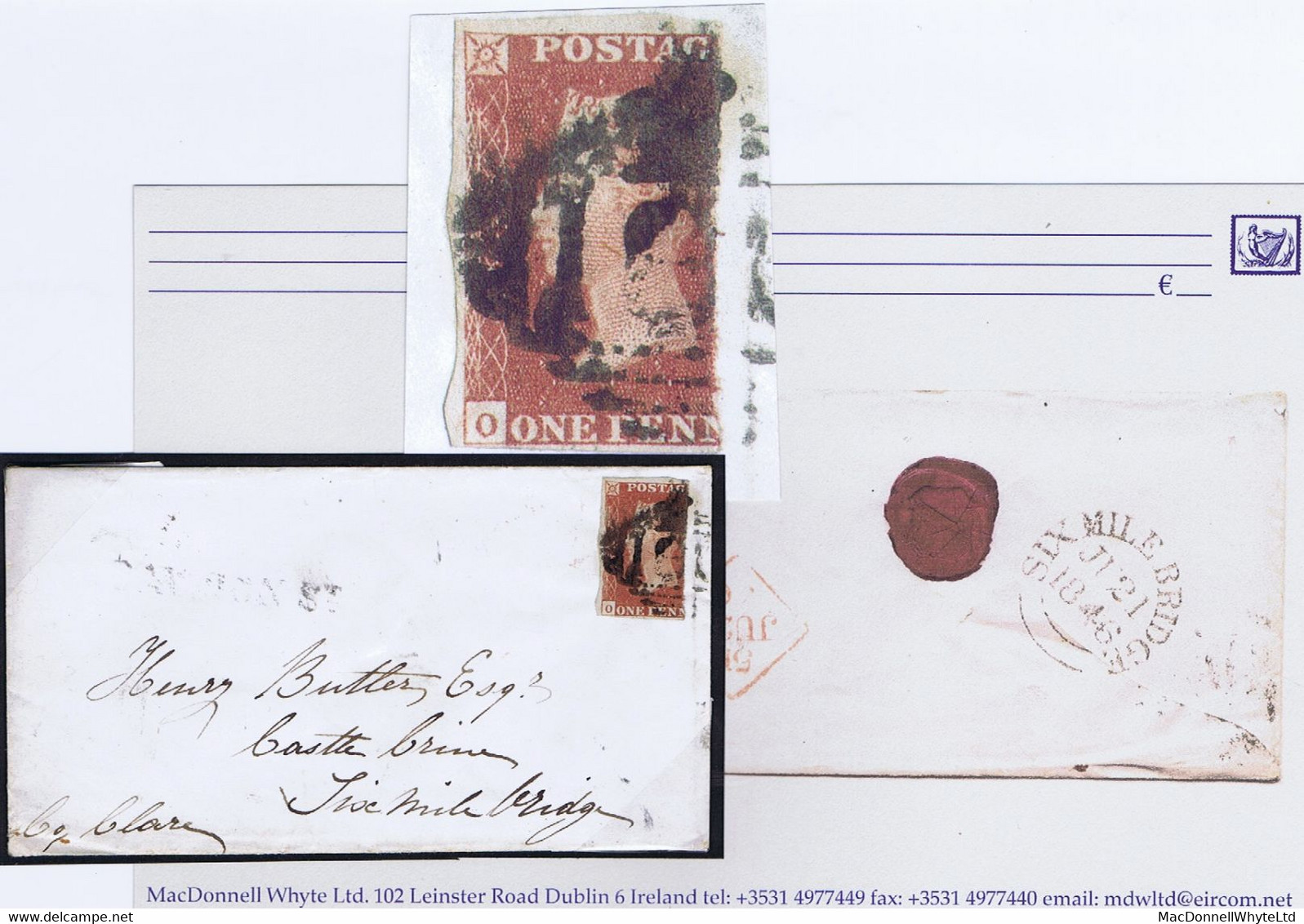 Ireland Dublin Clare 1846 Cover With Part One Penny Red Plate 67 OL, Tied 186 Of Dublin, Black DAWSON ST Receiver - Prephilately