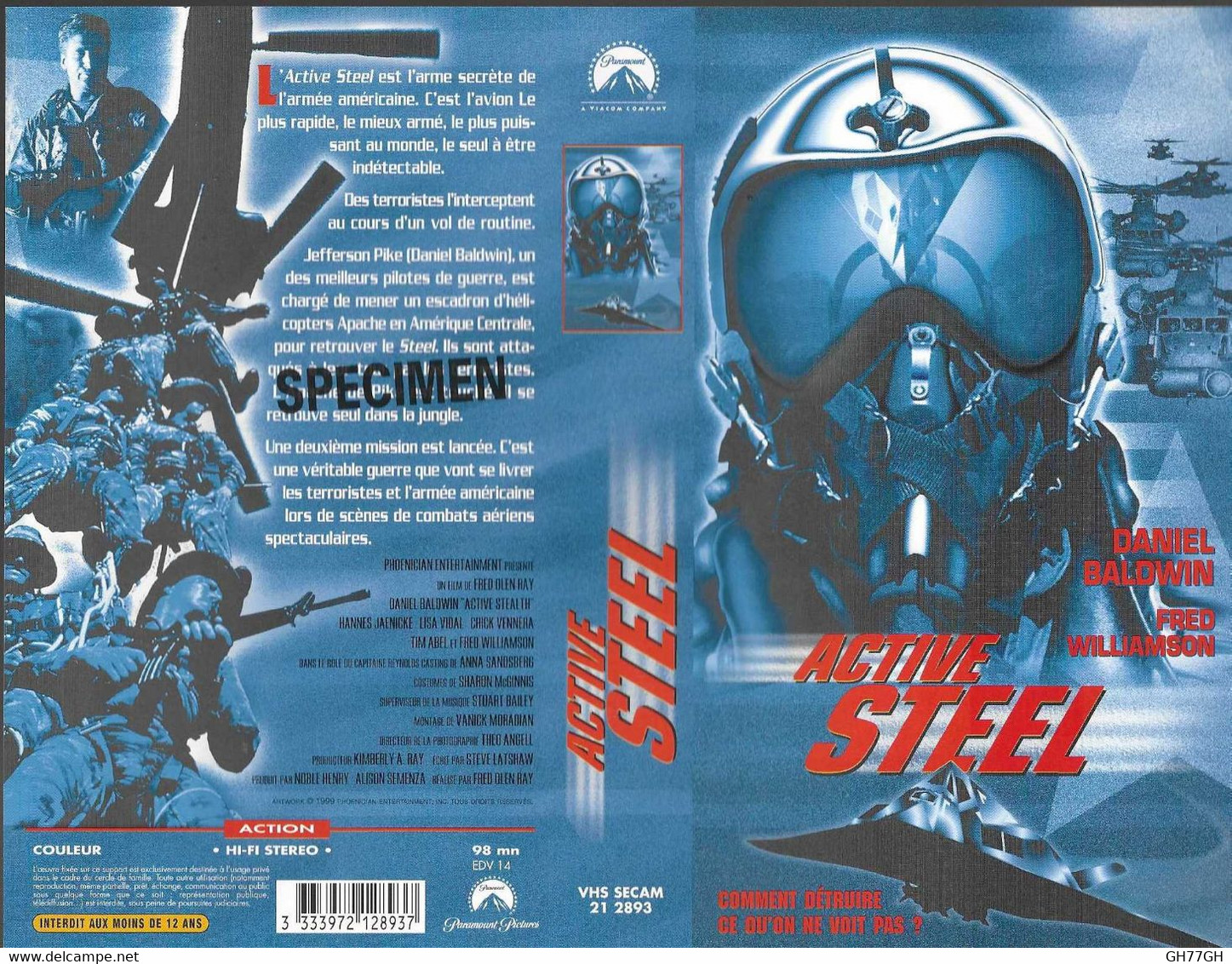 "ACTIVE STEEL" -jaquette SPECIMEN Originale PARAMOUNT VHS SECAM -active Stealth - Action, Aventure
