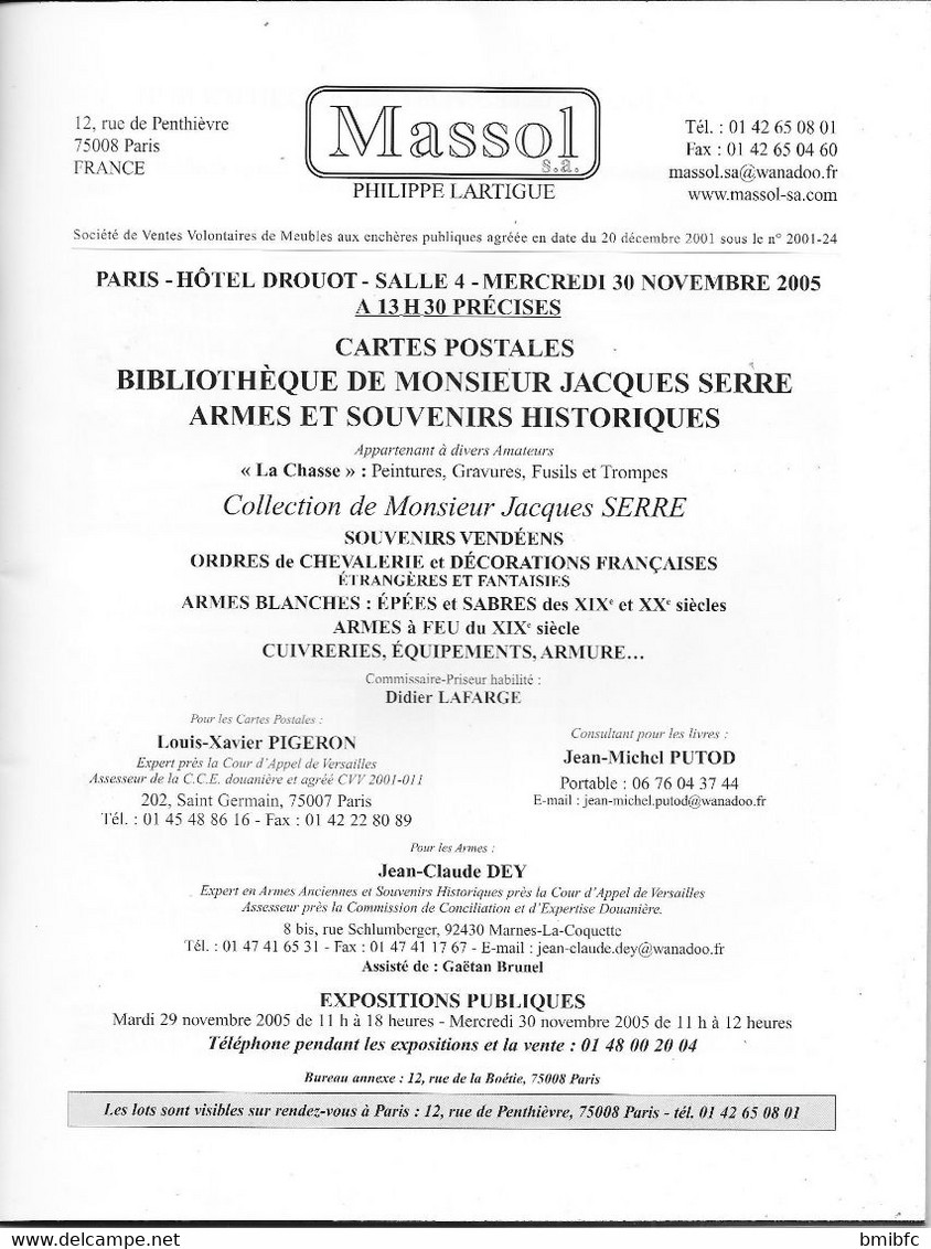 Catalogue De Ventes Aux Enchères Du Mardi 29 Novembre 2005 PARIS-HÔTEL DROUOT Cartes Postales- Armes - Peinture Chasse.. - Autres & Non Classés