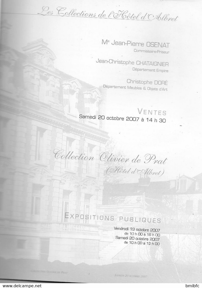 Collection Olivier De Prat - Catalogue De Ventes Aux Enchères Du Samedi 20 Octobre 2007 (Hôtel D'Albret) - Altri & Non Classificati