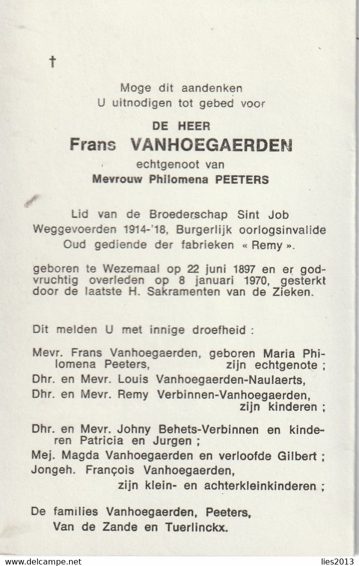 Burgerlijk Oorlogsinvalide,  1914-18, Frans Vanhoegaerden, Peeters, Wezemaal - Devotieprenten