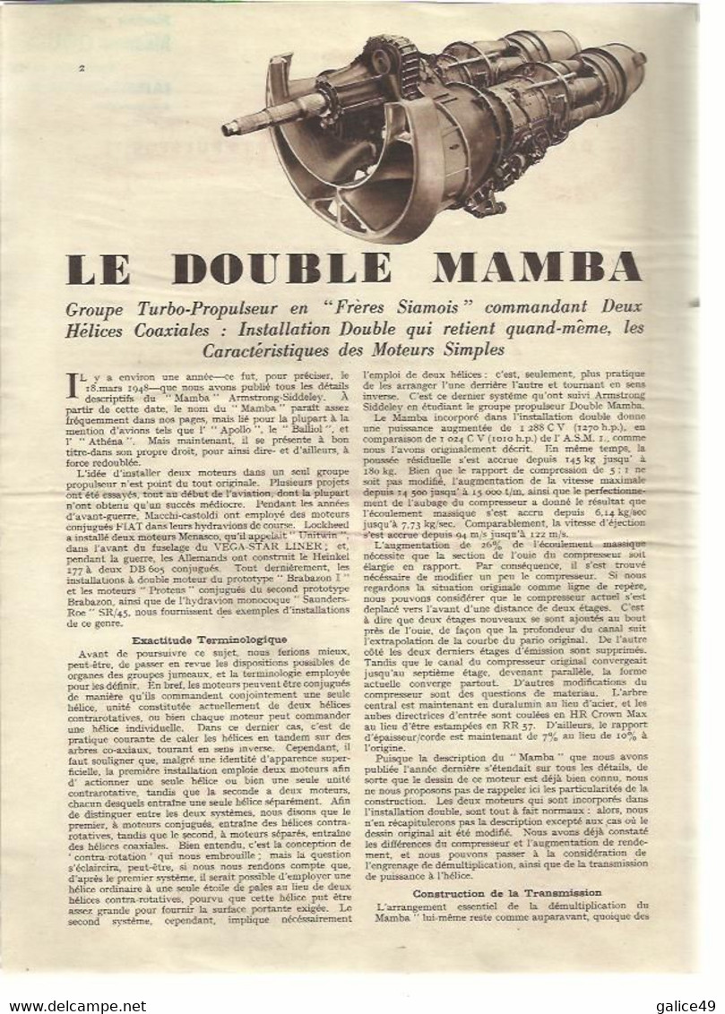 Dépliant Technique Turbo Propulseur "Double Mamba" - Armstrong Siddeley - Flight 31 Mars 1949 - Sur 6 Pages - Schnittbilder