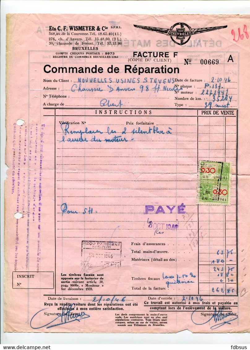 1946 0.30 Fr Sur Facture De Réparation C F WISMEYER & Cie - Bruxelles - Signe De CHEVROLET A Droite - Documenten