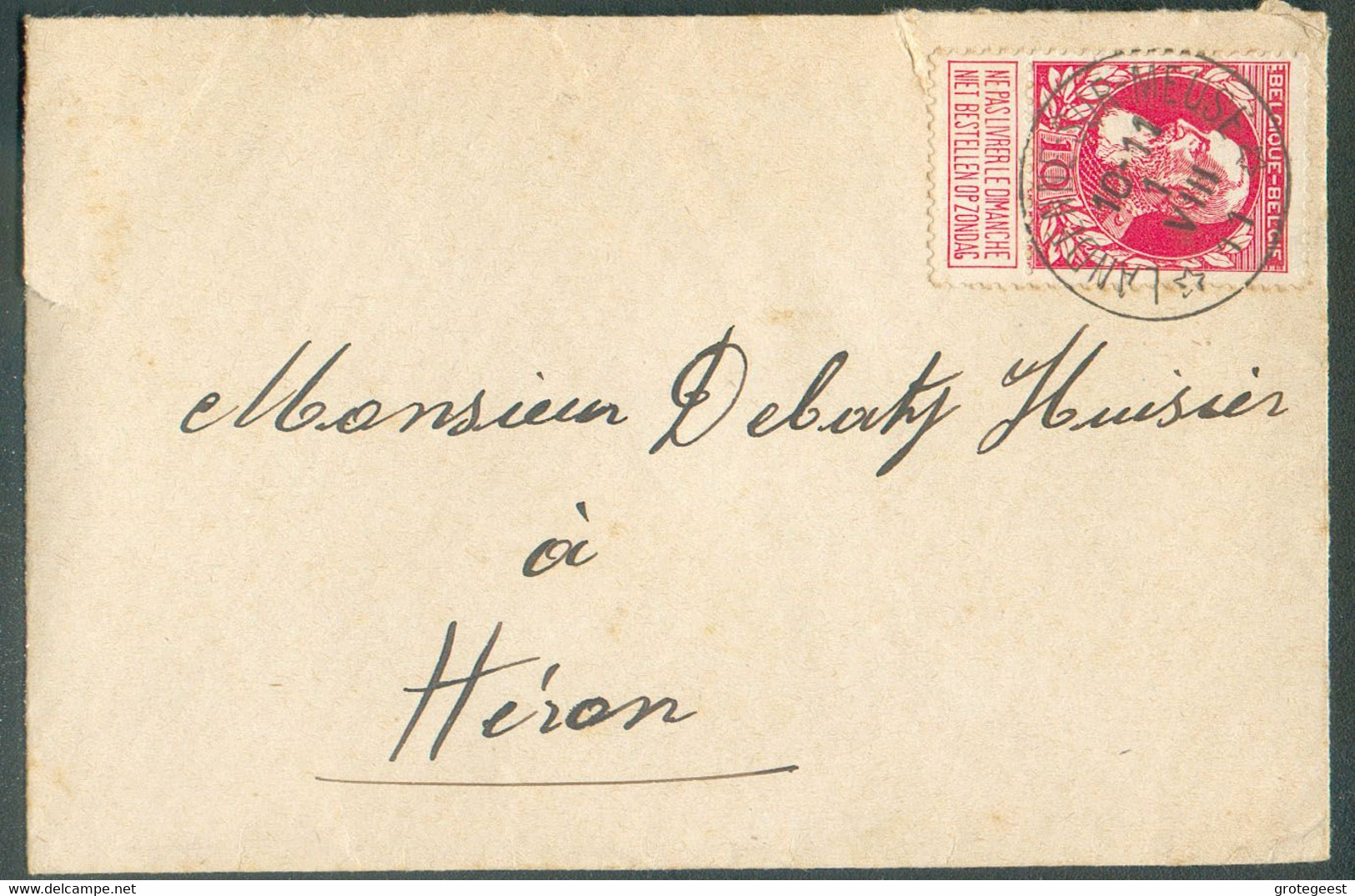 N°74 - 10 Centimes Grosse Barbe, Obl. Relais Sc LANDENNE-sur-MEUSE * Sur Petite Enveloppe Du 1-VIII-1911 Vers Héron - 17 - 1905 Grosse Barbe