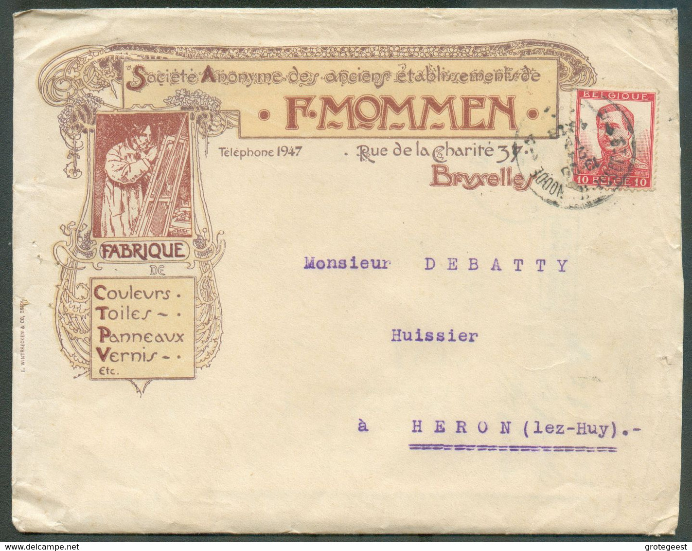 10 Centimes PELLENS Obl. Sc St-JOSSE-ten-NOODE Sur Enveloppe Illustrée (S.A. F. MOMMEN Fabrique De Couleurs, Toiles, Pan - 1912 Pellens