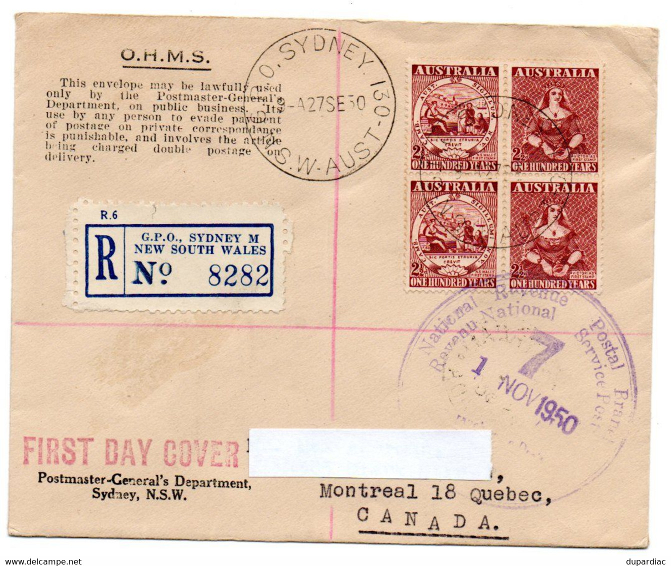 Australie / Enveloppe FDC Recommandée O.H.M.S., De Sydney Pour Montréal Canada, 1950, Tampon National Revenue 7. - Omslagen Van Eerste Dagen (FDC)