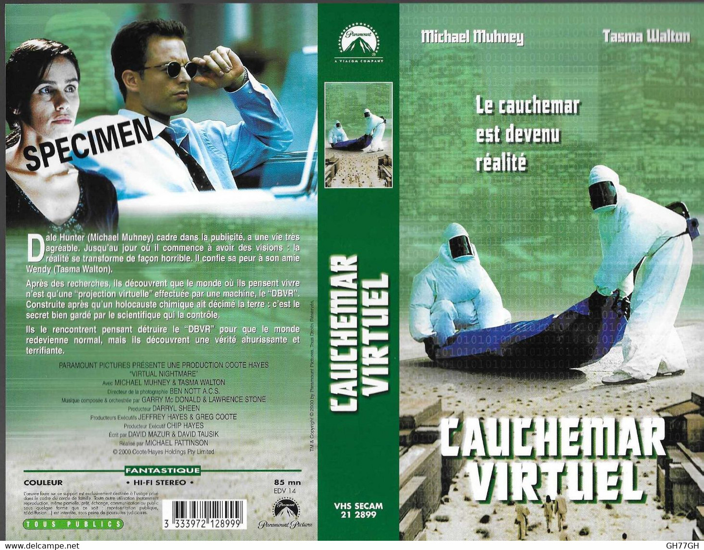 "CAUCHEMAR VIRTUEL" -jaquette SPECIMEN Originale PARAMOUNT VHS SECAM -virtual Nightmare - Azione, Avventura