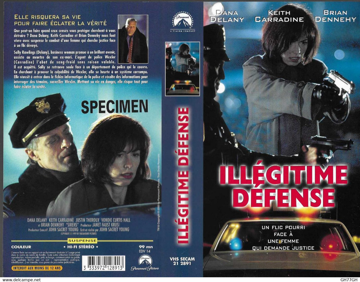 "ILLEGITIME DEFENSE" -jaquette SPECIMEN Originale PARAMOUNT VHS SECAM -sirens - Politie & Thriller