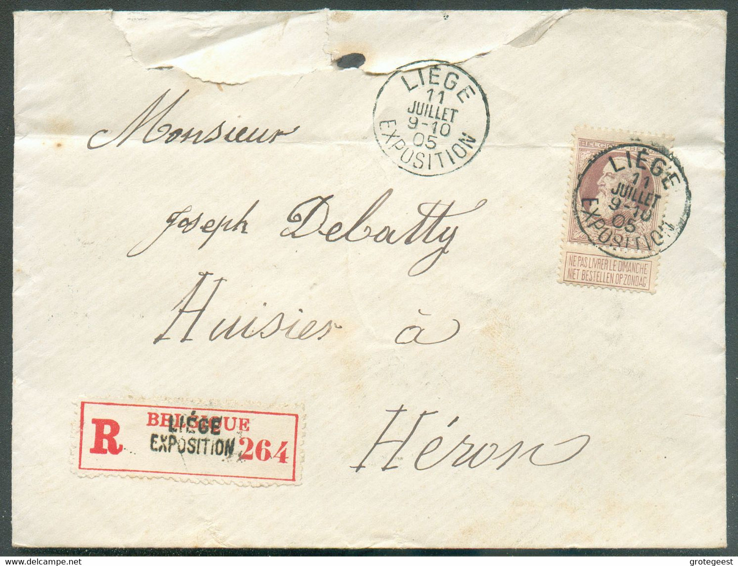 N°77 - 35 Centimes Brun Obl. Sc LIEGE EXPOSITION Sur Enveloppe Recommandée Du 11 Juillet 1905 Vers Héron.  Les Recommand - 1905 Grosse Barbe