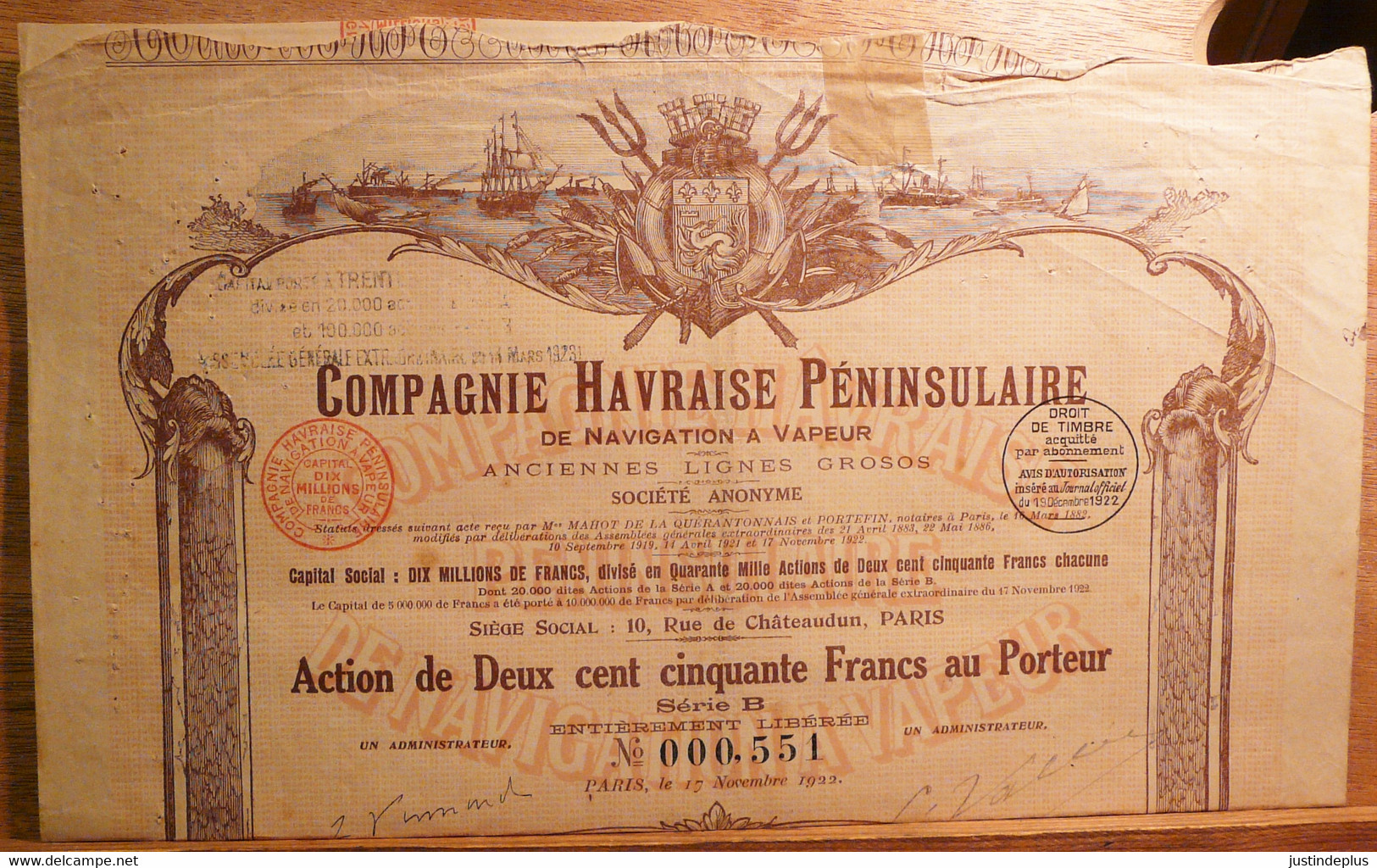 ACTION DE 250 FRANCS COMPAGNIE HAVRAISE PENINSULAIRE DE NAVIGATION A VAPEUR N° 551 EMISE EN 1922 - Navigation