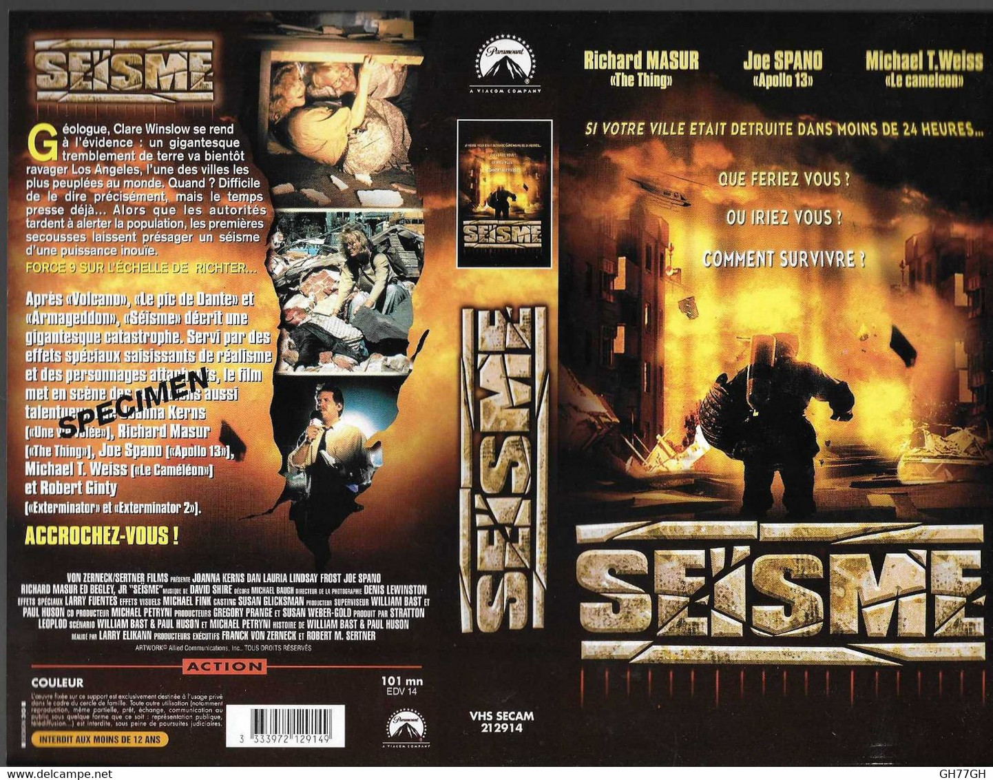 "SEISME" -jaquette SPECIMEN Originale PARAMOUNT VHS SECAM - Action, Aventure