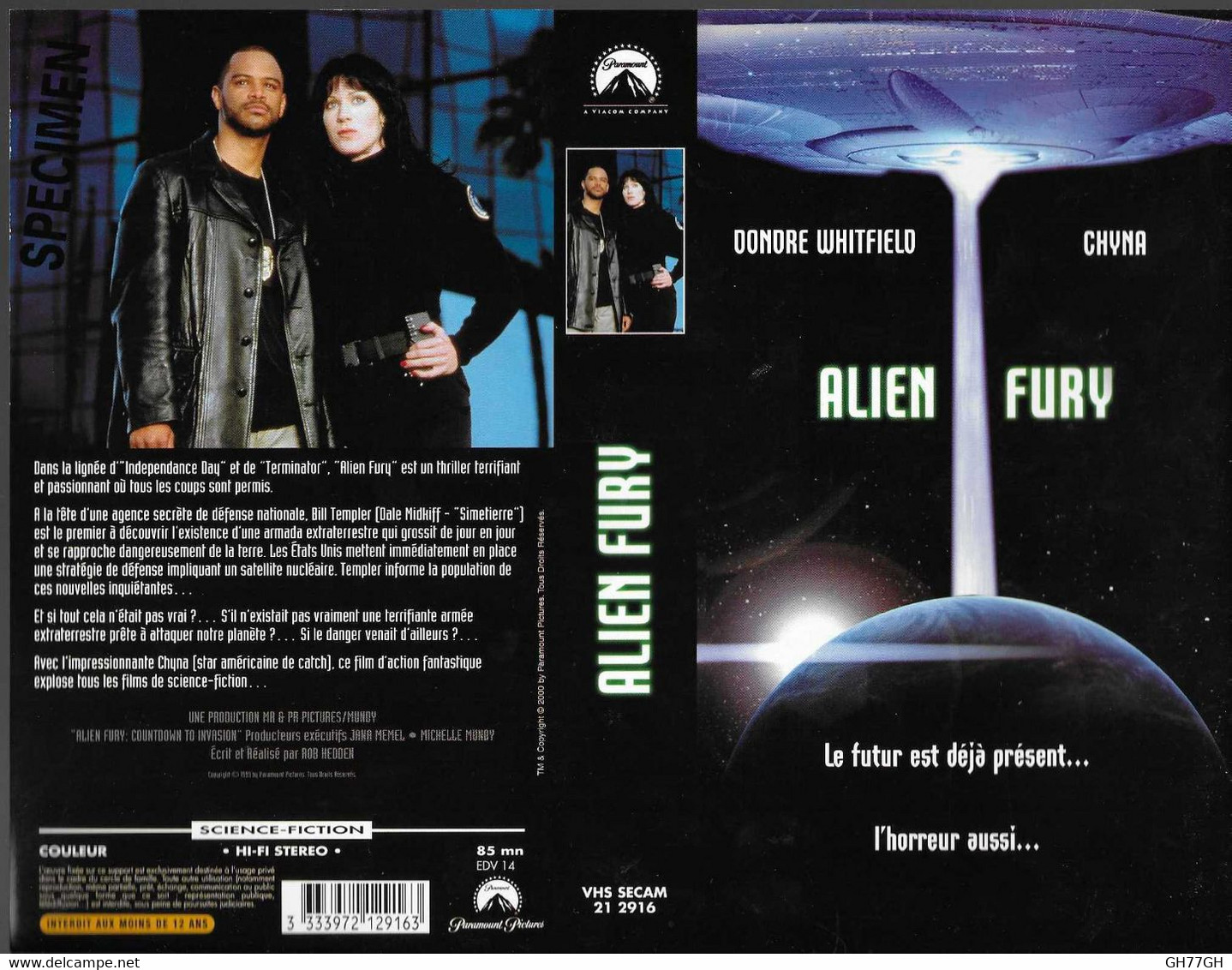 "ALIEN FURY" -jaquette SPECIMEN Originale PARAMOUNT VHS SECAM -coutdown To Invasion - Sciences-Fictions Et Fantaisie