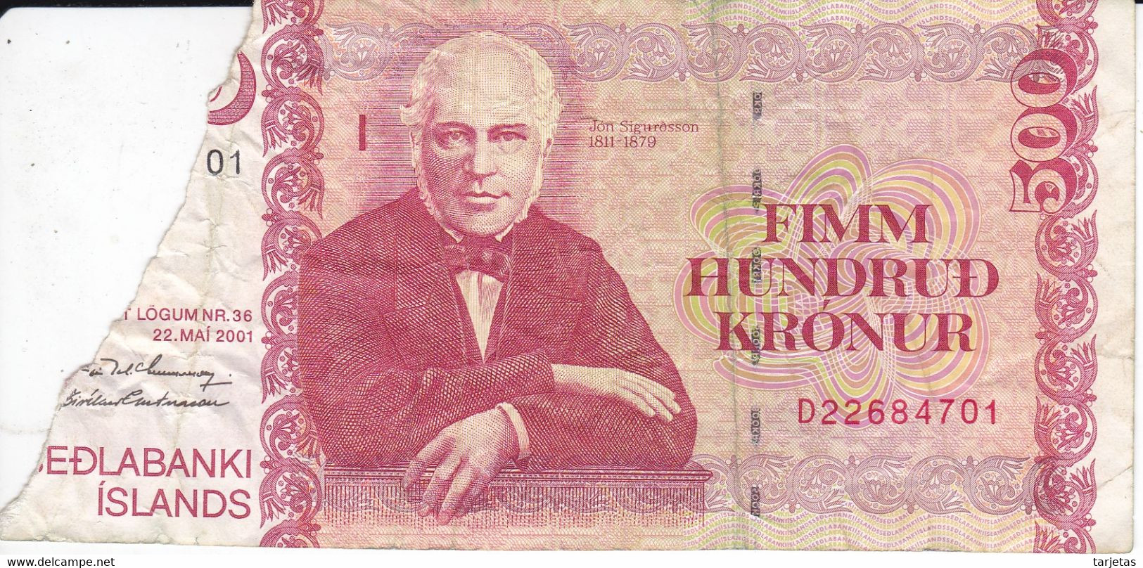 BILLETE DE ISLANDIA DE 500 KRONUR DEL AÑO 2001   (BANKNOTE) ROTURA - Iceland