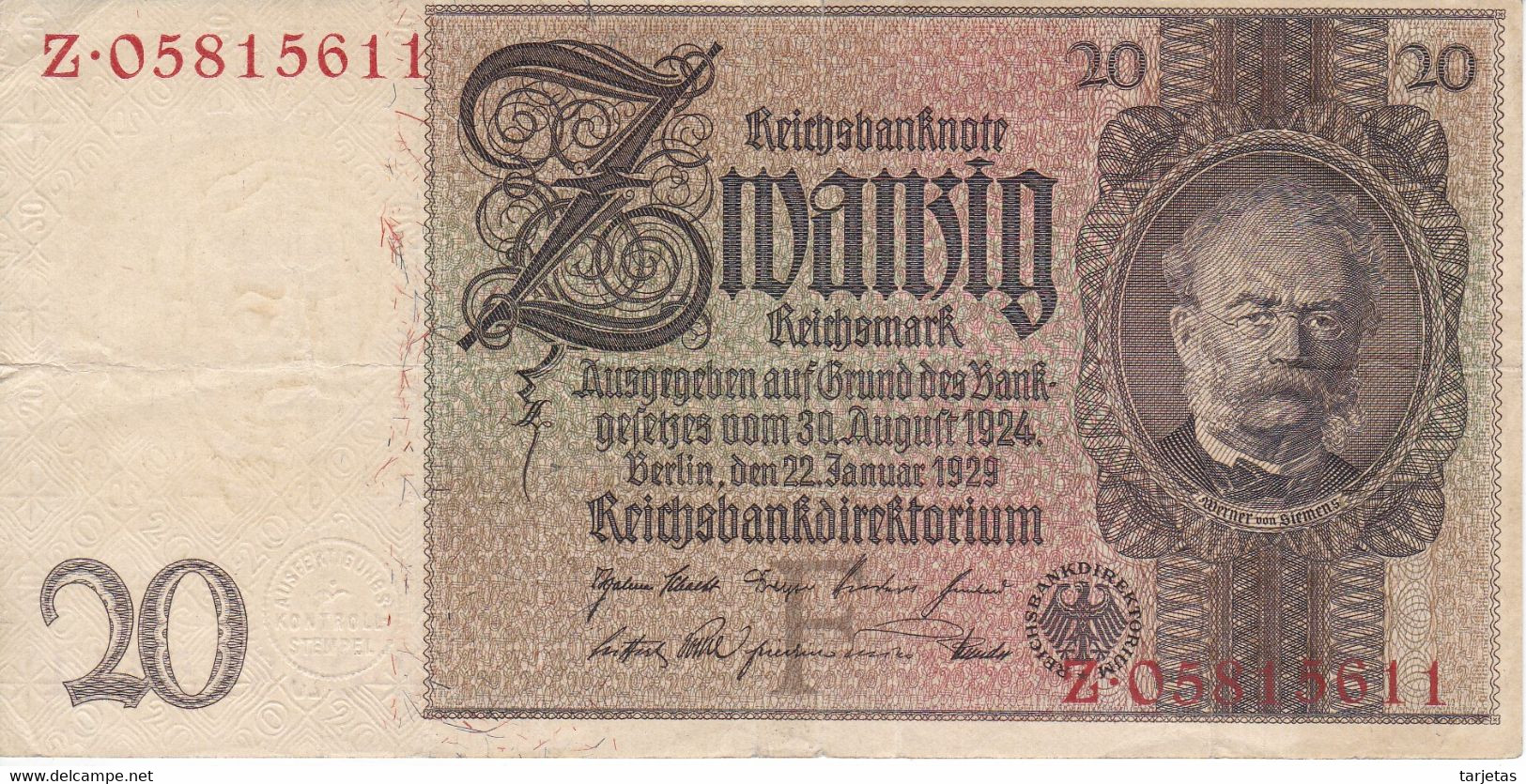 BILLETE DE ALEMANIA DE 20 MARK DEL AÑO 1929  (BANKNOTE) - 20 Reichsmark