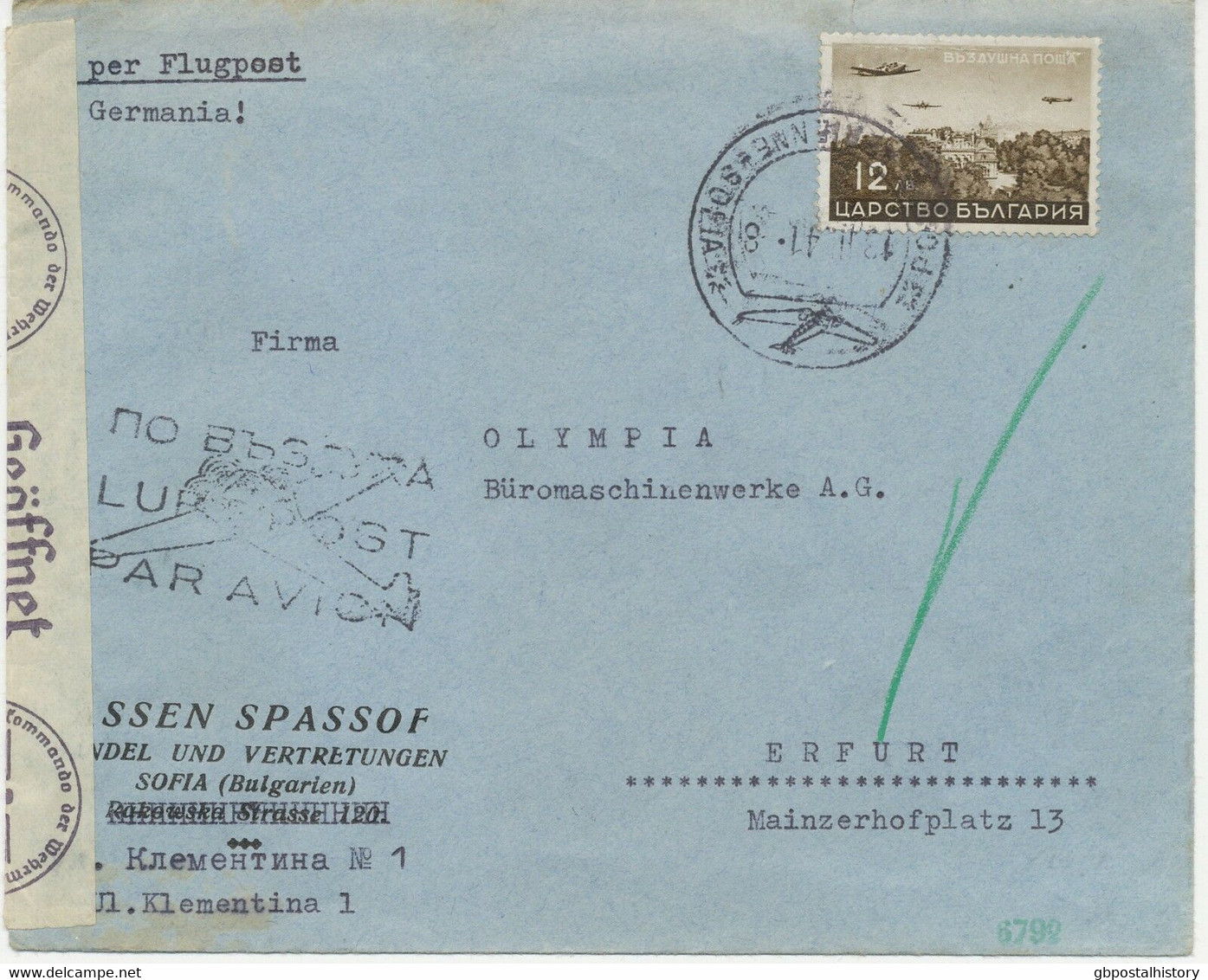 BULGARIEN 1941 12 L Flugpostausg. Selt. EF A. Pra.-Flugpost-Zensur-Bf Dt. Reich - Luftpost