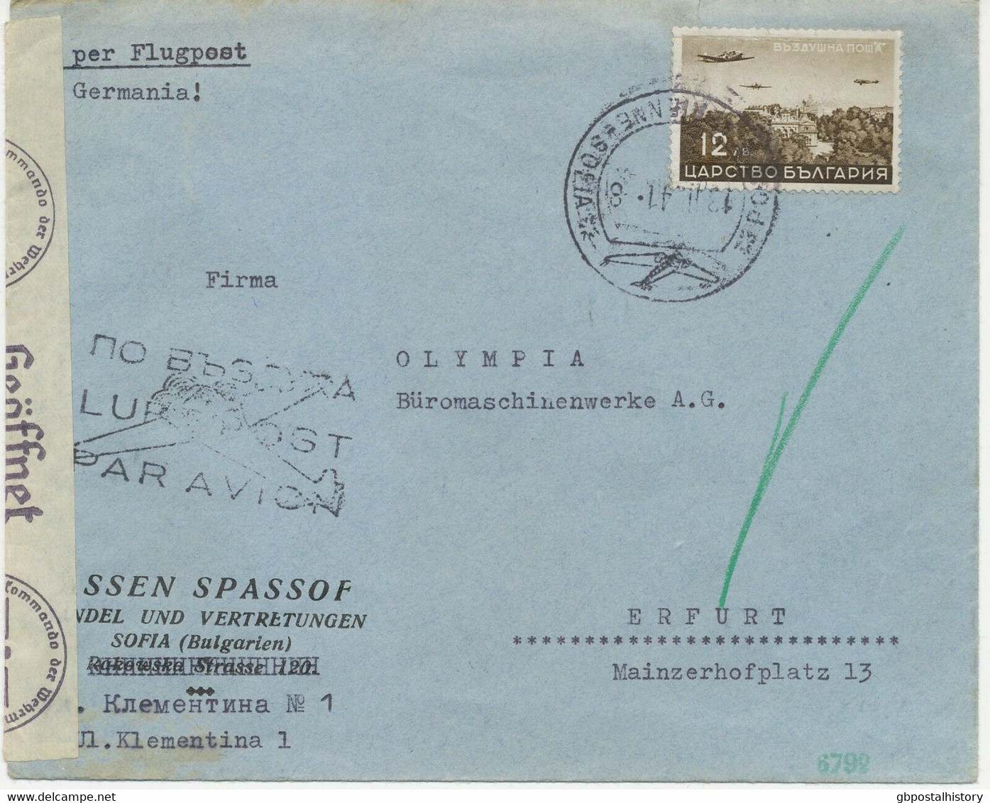 BULGARIEN 1941 12 L Flugpostausg. Selt. EF A. Pra.-Flugpost-Zensur-Bf Dt. Reich - Posta Aerea