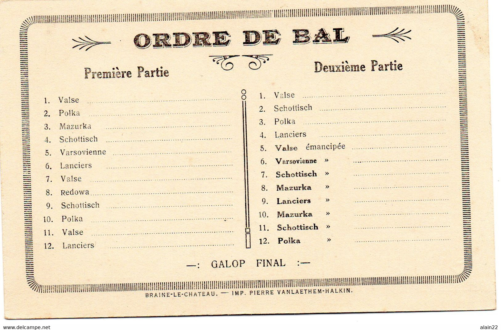 Braine-le-Château. Invitation à La Fête Patronale .Carte De Bal  4 Décembre 1918.(Vanschepdael) - Braine-le-Château