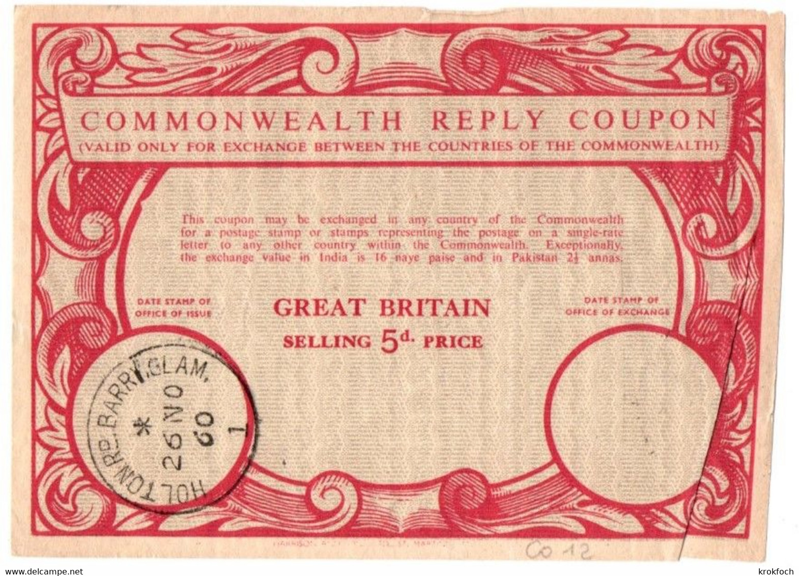 Commonwealth Reply Coupon-réponse 5d - Type Co 12 - Holton 1960 - IRC CRI IAS - Antwortcoupons