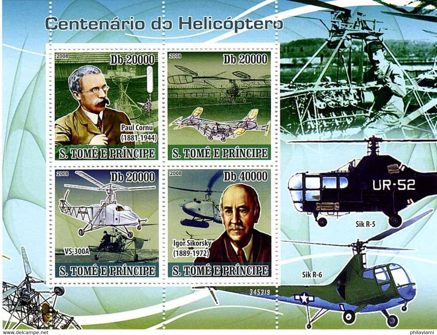 Saint Thomas Sao Tomé 2008 Helicopters Hélicoptères Elicottero 100 Years Paul Cornu, Igor Sikorsky, VS-300 - Hélicoptères