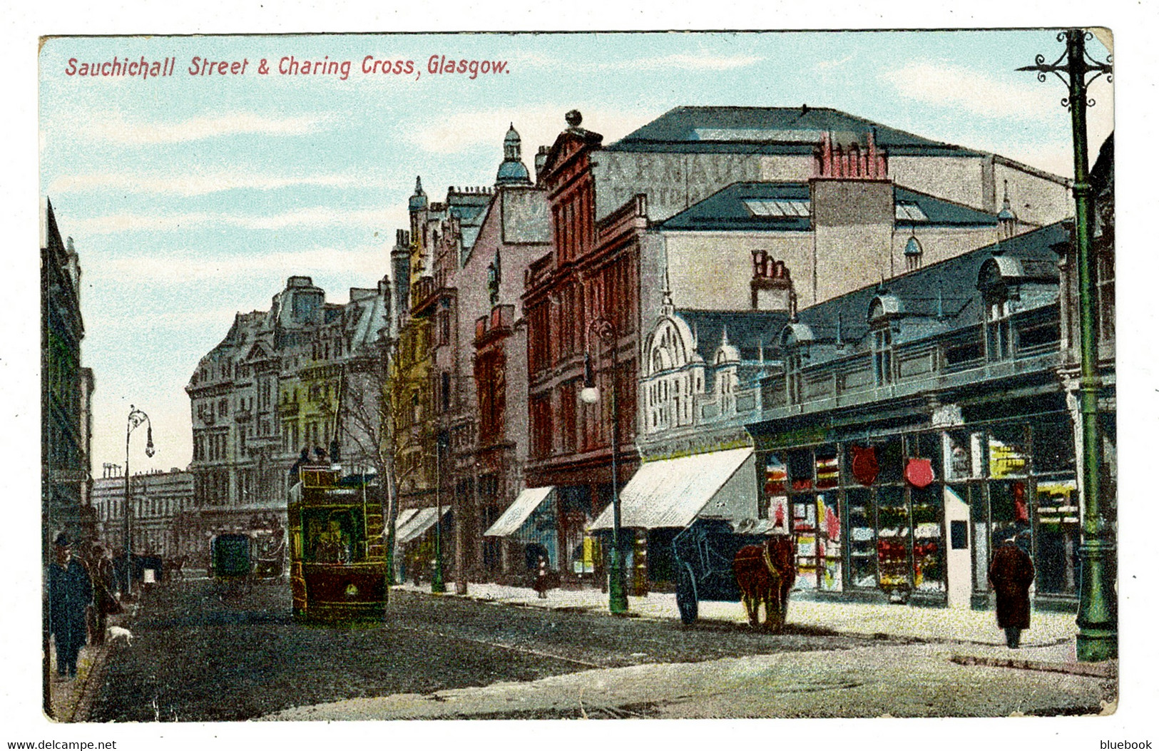 Ref 1473 - 1905 Postcard - Sauchihall Street & Charing Cross Glasgow - Open Top Bus & Shops - Lanarkshire / Glasgow