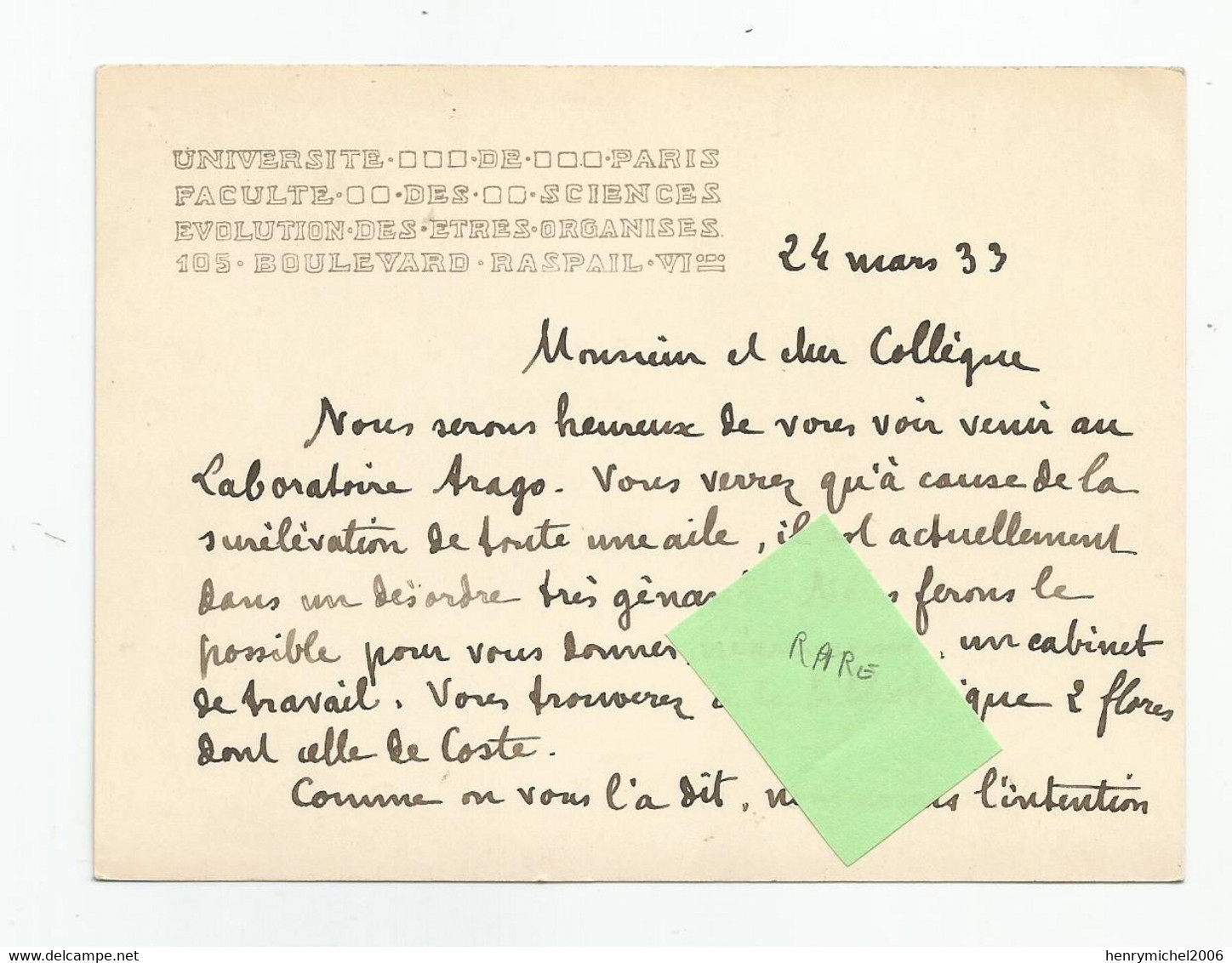 75 Paris 6 Université Faculté Des Sciences évolution Des Etres Organisée 105 Bvd Raspail  1933 écrits Laboratoire Arago - Bildung, Schulen & Universitäten