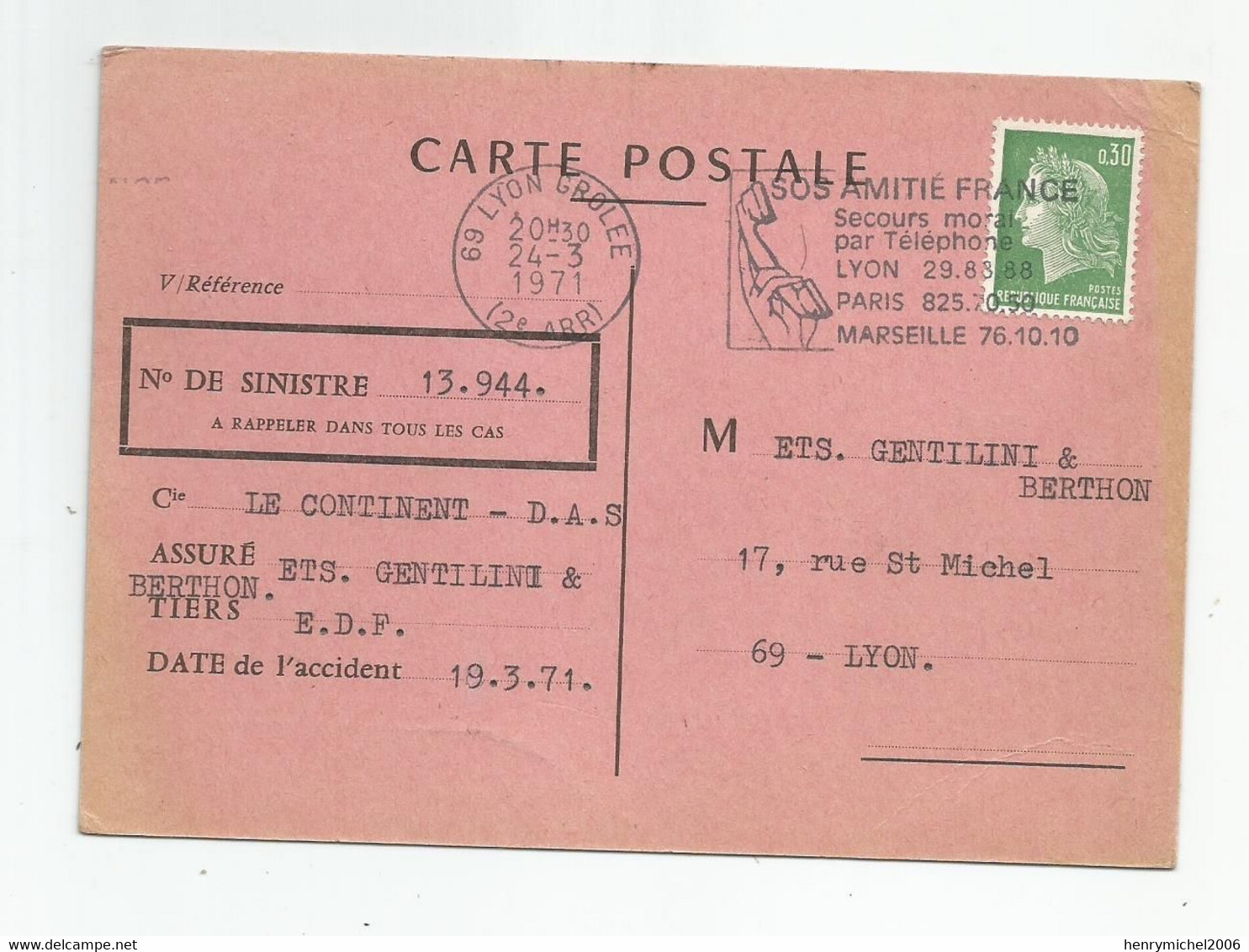 69 Lyon 2e Cabinet Marius Desalles Assurances 55 Place De La République 1971 Carte Ets Gentlini Berthon - Lyon 2