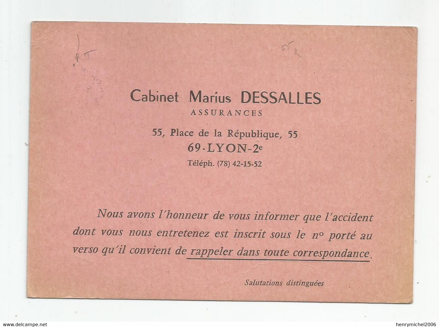 69 Lyon 2e Cabinet Marius Desalles Assurances 55 Place De La République 1971 Carte Ets Gentlini Berthon - Lyon 2