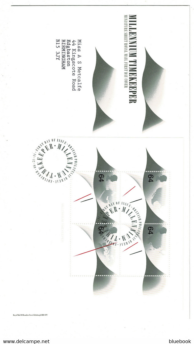 Ref 1474  - 1999 GB Millennium Timekeeper Miniature Sheet FDC First Day Cover - 1991-2000 Decimal Issues