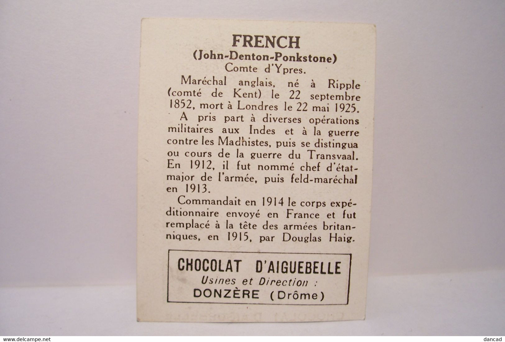 1914 -LES GRANDS CHEFS - 1918  - MARECHAL  FRENCH - CHOCOLAT D'AIGUEBELLE  - MILITARIA - Aiguebelle