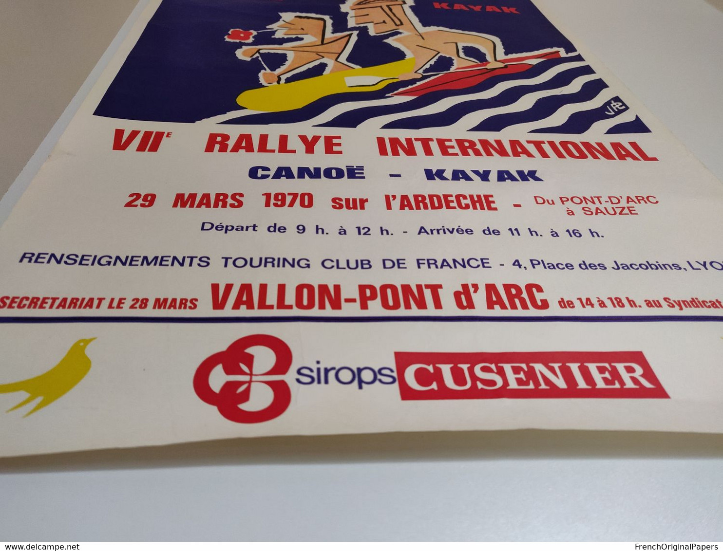 Affiche originale - Rallye International Canoë Kayak Touring Club de France 1970 Ardèche Vallon Pont d'Arc à Sauze Sport