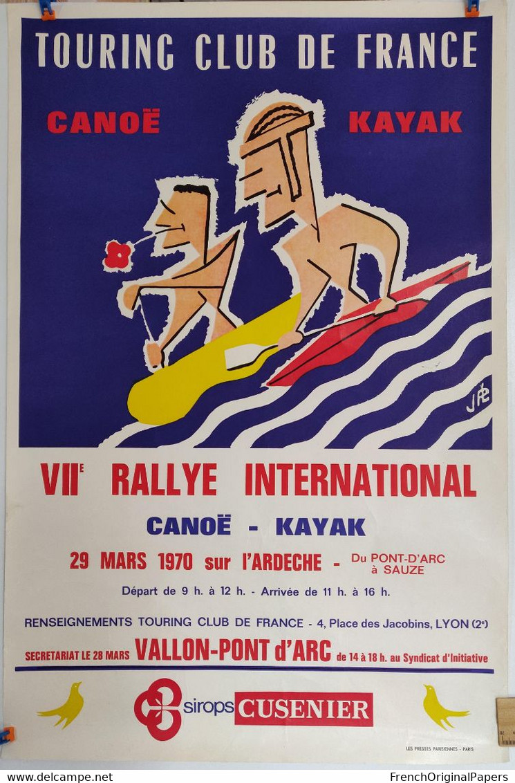 Affiche originale - Rallye International Canoë Kayak Touring Club de France 1970 Ardèche Vallon Pont d'Arc à Sauze Sport