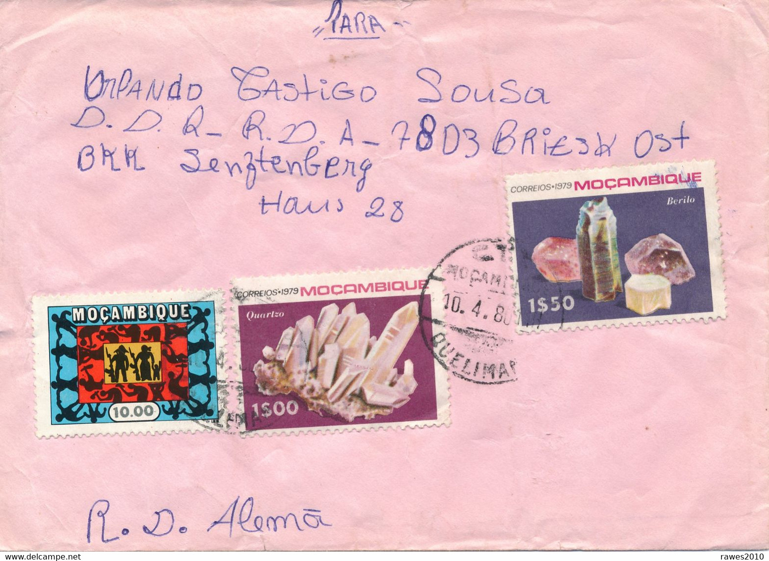 Mosambik Quelimane TGST 1980 1 $ + 1,50 $ Mineral Quartz Berilo + 10 $ Soldaten Landwirtschaft - Brief Nach DDR - Mosambik