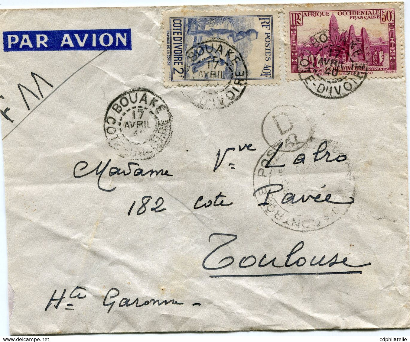 COTE D'IVOIRE LETTRE PAR AVION CENSUREE DEPART BOUAKE 17 AVRIL 40 COTE D'IVOIRE POUR LA FRANCE - Lettres & Documents