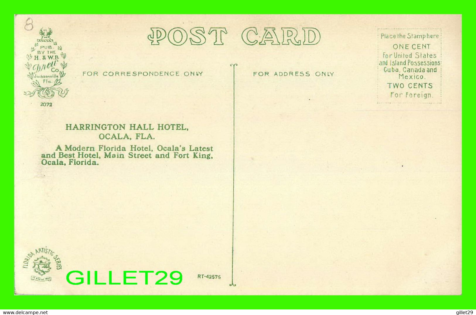 OCALA, FL - HARRINGTON HALL HOTEL - ANIMATED - PUB BY THE H & W.B. DREW CO - - Ocala