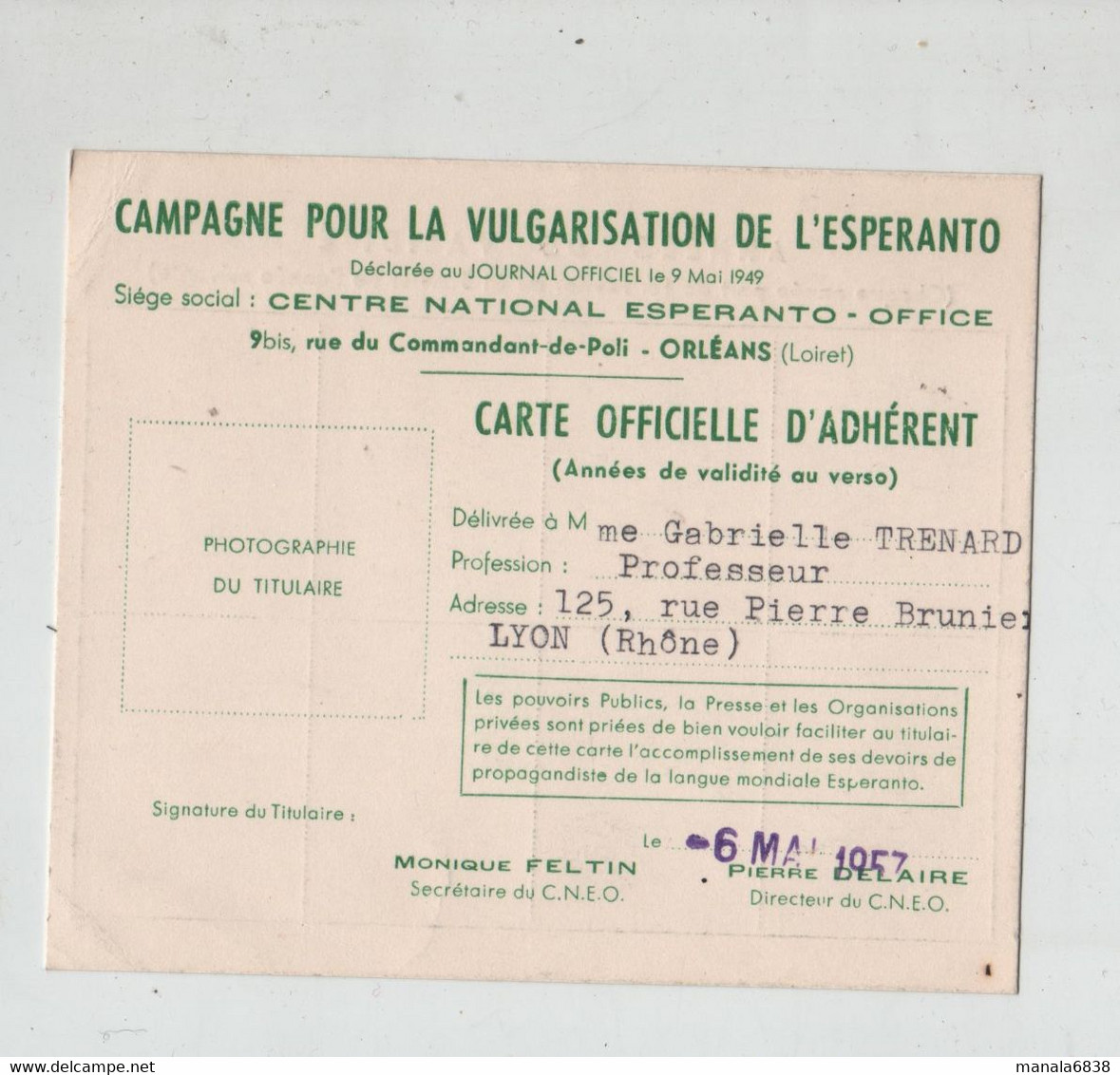 Campagne Vulgarisation Espéranto Orléans Carte Adhérent 1957 Trenard Lyon - Non Classés