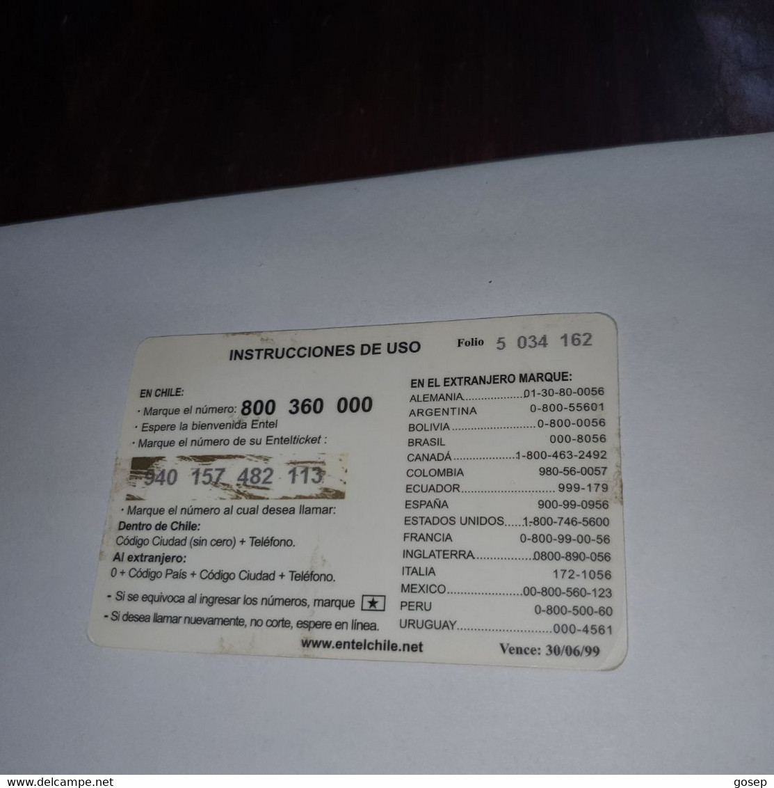 Chile-entel Ticket-(2)-($500)-(940-157-482-113)-(30/6/1999)-used Card+1card Prepiad Free - Chili