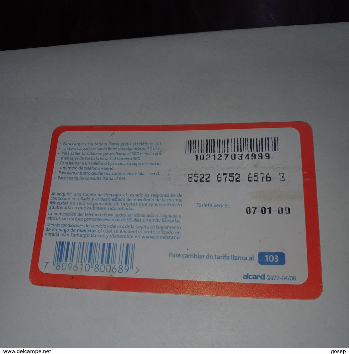 Chile-movistar-(5)-($3500)-(8522-6752-6576-3)-(4/2008)-(look Outside)-used Card+1card Prepiad Free - Chili