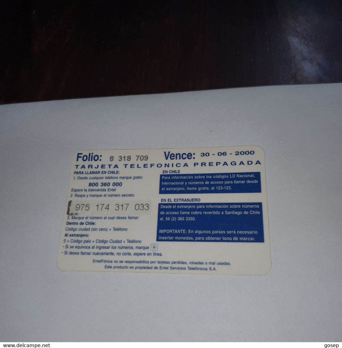 Chile-entel Ticket-(6)-($1.000)-(975-174-317-033)-(30/6/2000)-(look Outside)-used Card+1card Prepiad Free - Chili