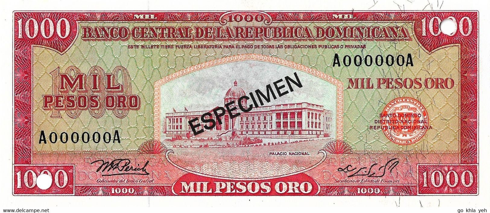 REPUBLIQUE DOMINICAINE 1976 1000 Peso Oro (Spécimen A000000A) - P.115s.2  Neuf UNC - Dominicaine