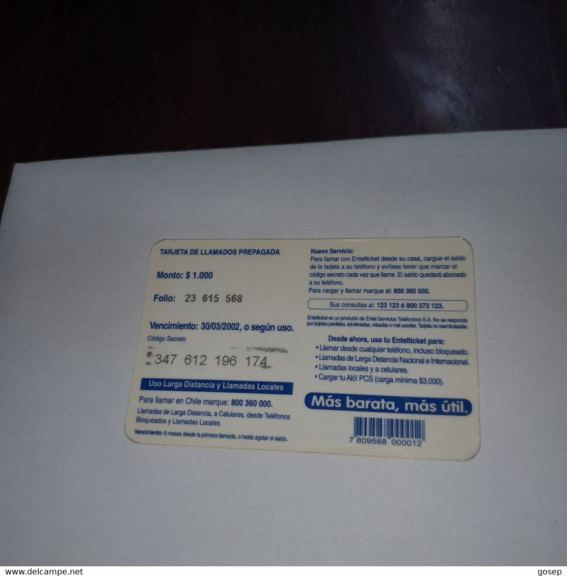 Chile-entel Ticket-(7)-($1.000)-(347-612-196-174)-(30/3/2002)-(look Outside)-used Card+1card Prepiad Free - Chile