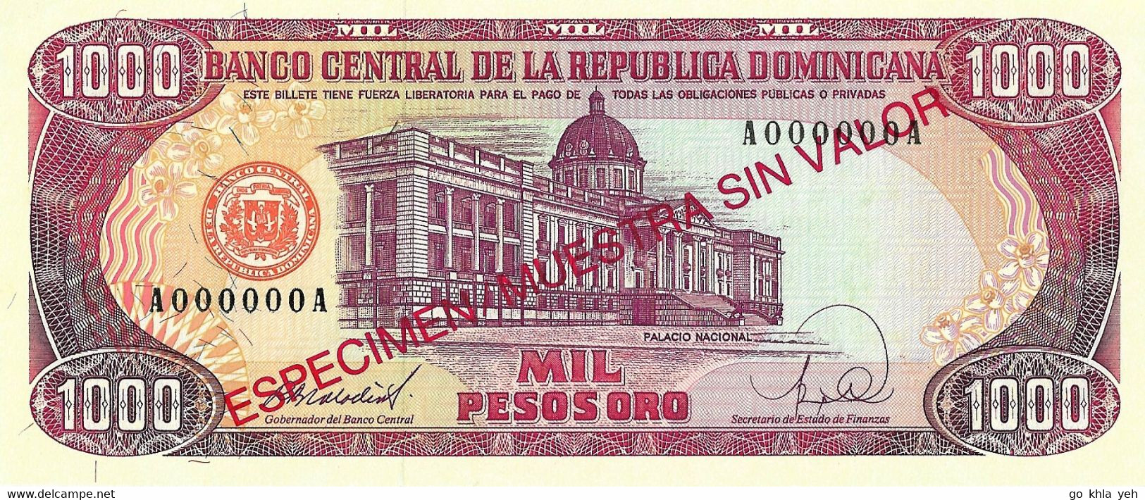 REPUBLIQUE DOMINICAINE 1988 1000 Peso Oro (Spécimen A000000A) - P.130s.1  Neuf UNC - Dominicaine